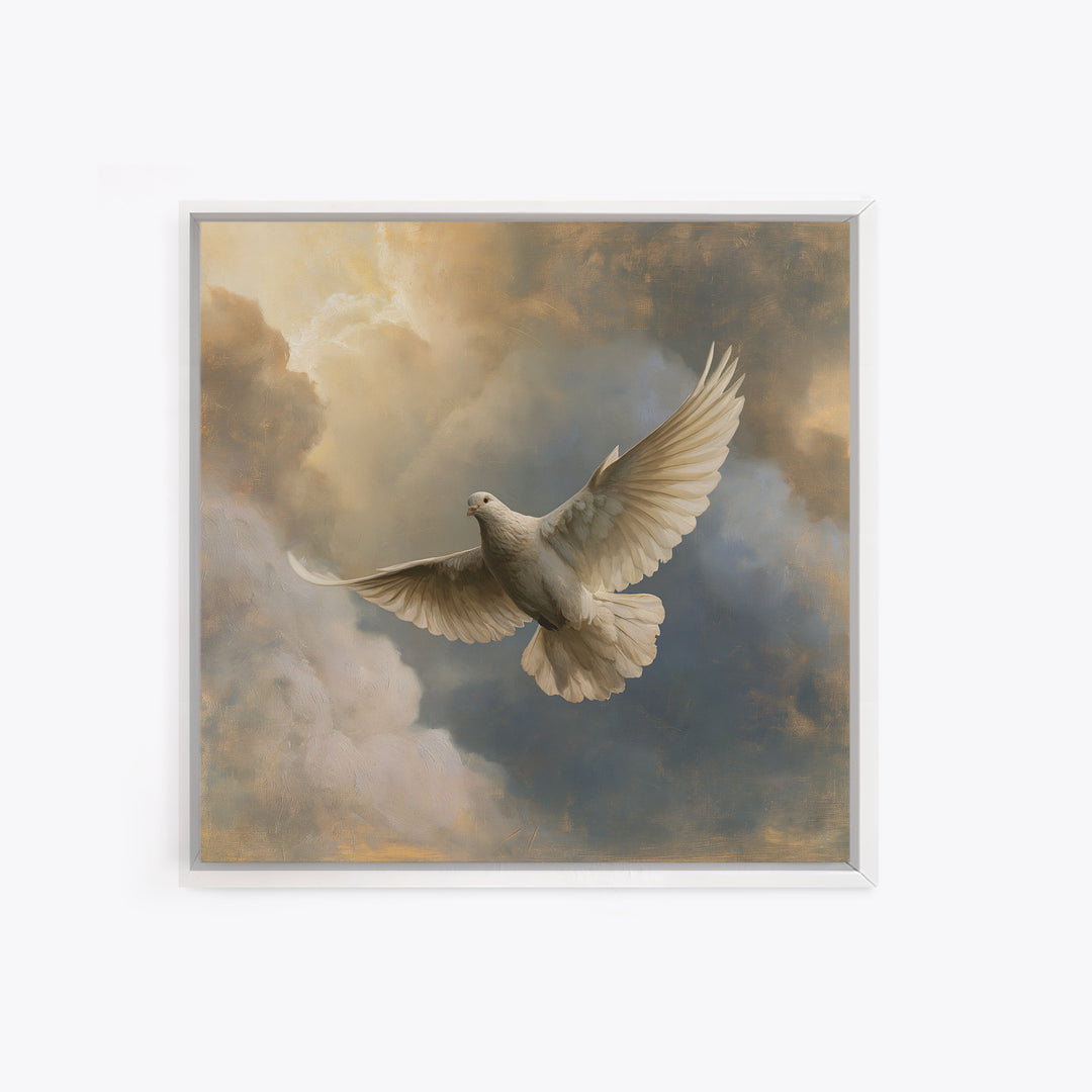 Dove Flying Through Radiant Clouds Framed Canvas Print, Spiritual Art, Printable, Living Room Decor, Fine Art, Spirit, SPI-1x1-53