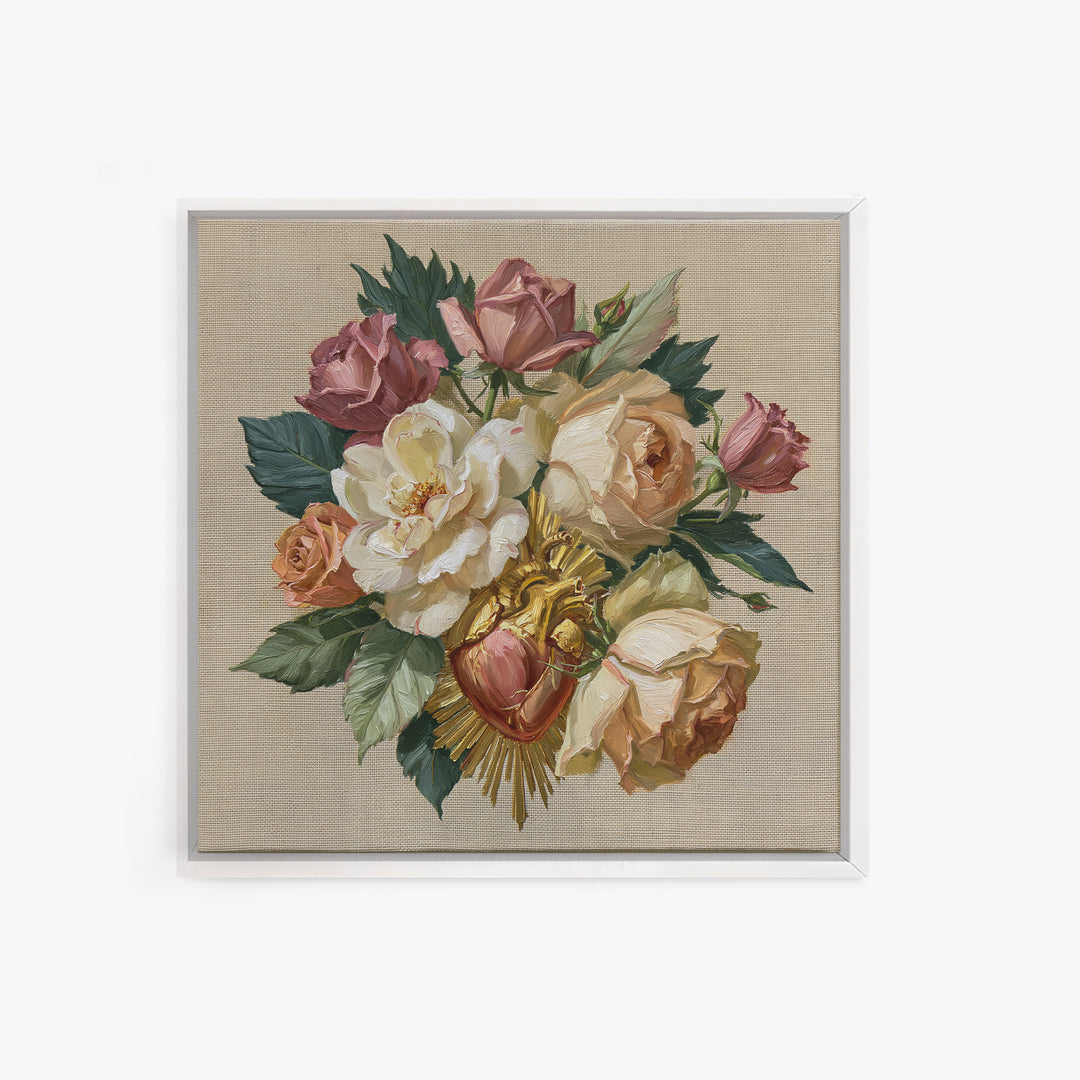Sacred Heart with Roses and Gold Rays Framed Canvas Print, Spiritual Art, Textured Painting, Living Room Decor, Spirit, SPI-1x1-62