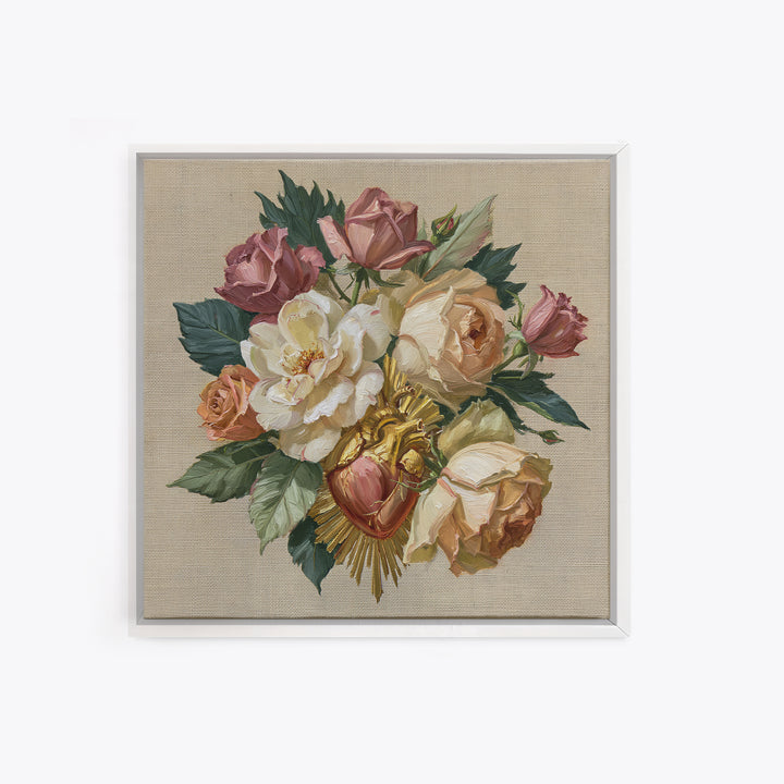 Sacred Heart with Roses and Gold Rays Framed Canvas Print, Spiritual Art, Textured Painting, Living Room Decor, Spirit, SPI-1x1-62