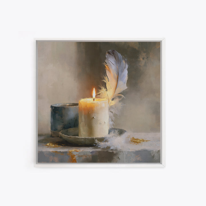 Candle and Feather Still Life Framed Canvas Print, Spiritual Art, Minimalist Wall Art, Living Room Decor, Fine Art, Spirit, SPI-1x1-68