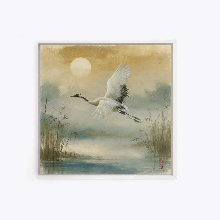 White Crane Flying Framed Canvas Print, Spiritual Art, Contemporary Art, Living Room Decor, Fine Art, Spirit, Minimalist Decor, SPI-1x1-72