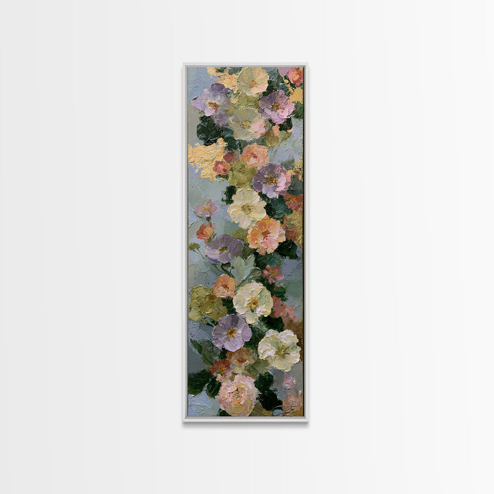 Serene Face with Closed Eyes and Flowers Framed Canvas Print, Spiritual Art, Boho Wall Art, Living Room Decor, Oil Painting, SPI-1x3-24