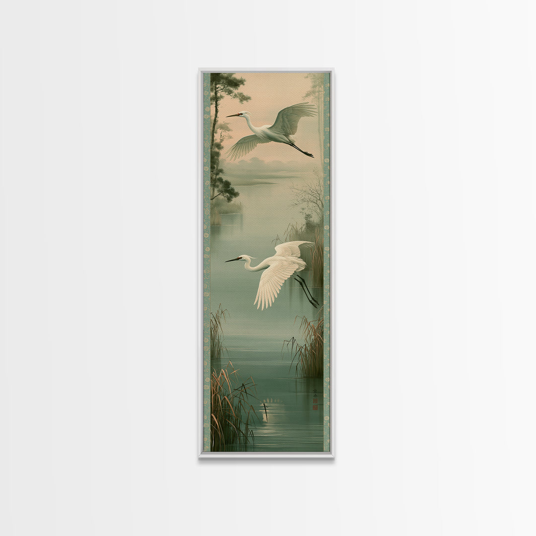 White Crane Flying Framed Canvas Print, Spiritual Art, African American Art, Living Room Decor, Watercolor Art, Spirit, SPI-1x3-36