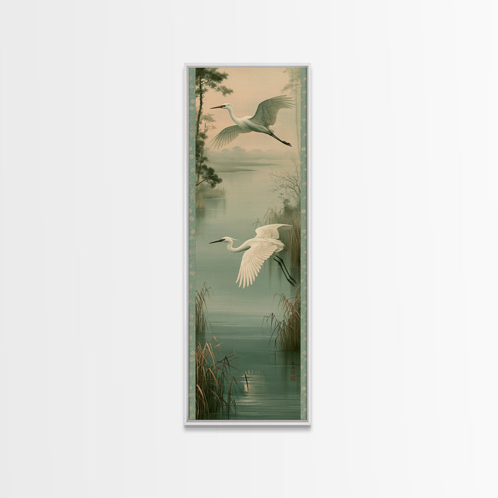 White Crane Flying Framed Canvas Print, Spiritual Art, African American Art, Living Room Decor, Watercolor Art, Spirit, SPI-1x3-36