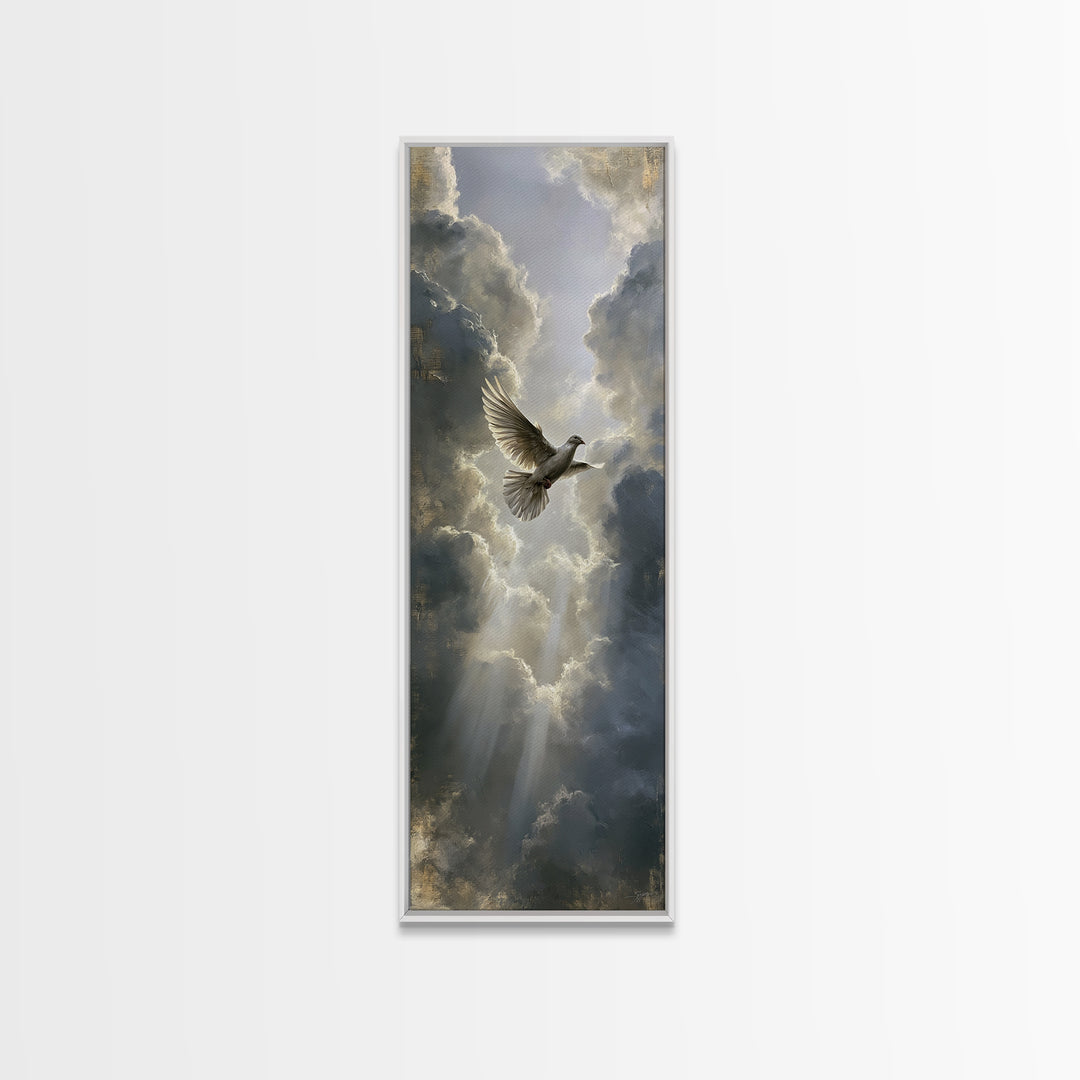Dove Flying Through Radiant Clouds Canvas Print, Spiritual Art, Textured Painting, Living Room Decor, Fine Art, Spirit, SPI-1x3-41