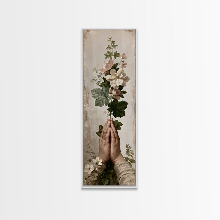 Prayer Hands with Botanical Details Framed Canvas Print, Spiritual Art, Canvas Wall Art, Living Room Decor, Watercolor Art, SPI-1x3-69
