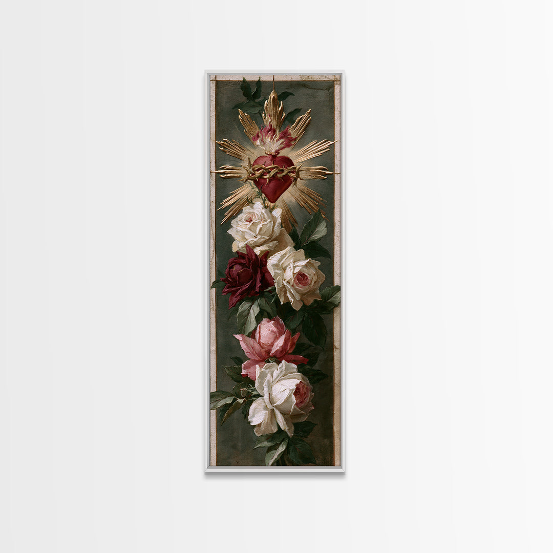 Sacred Heart with Roses and Gold Rays Canvas Print, Spiritual Art, Art Print, Living Room Decor, Spirit, Boho Wall Art, SPI-1x3-98
