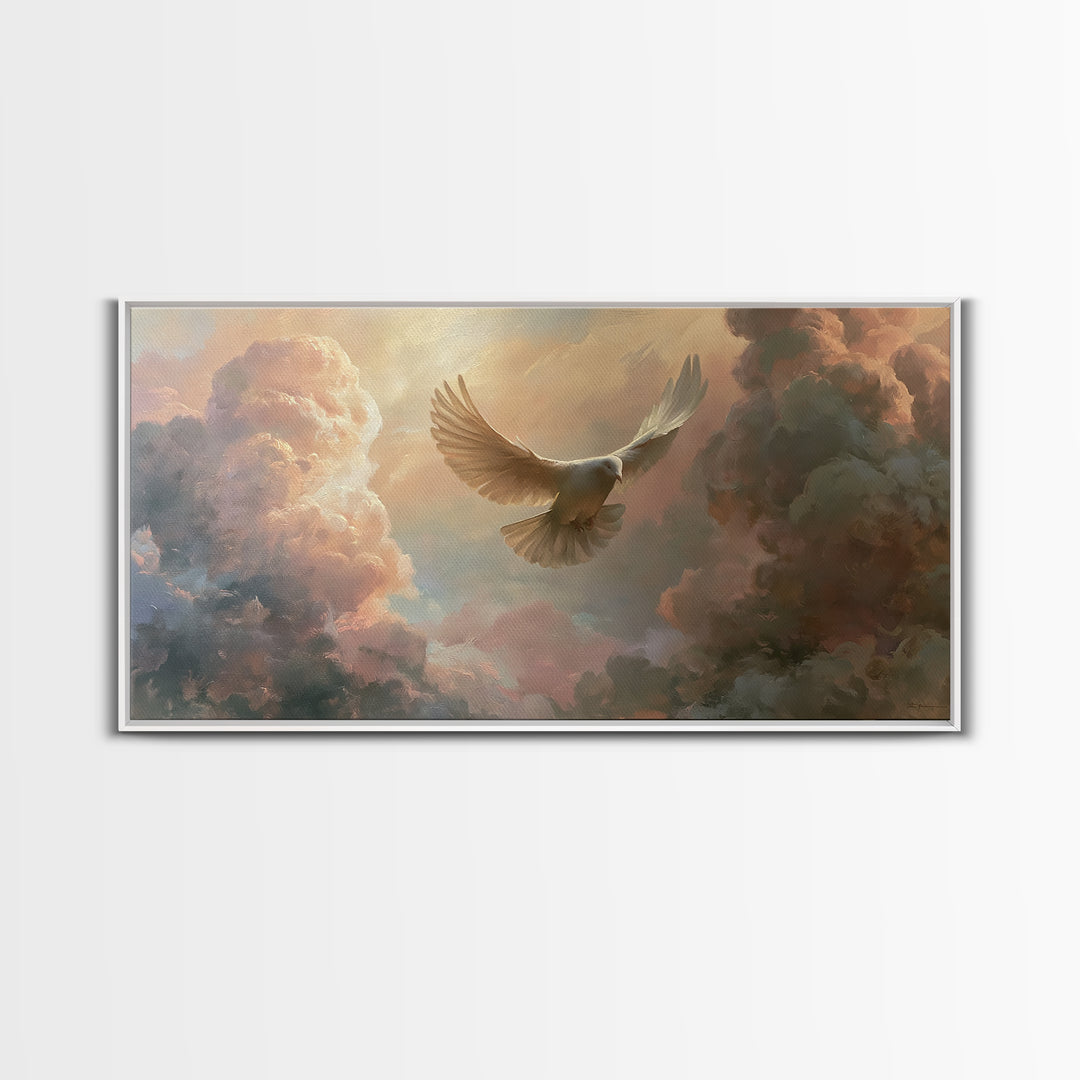 Dove Flying Through Radiant Clouds Framed Canvas Print, Spiritual Art, Funky Wall Art, Living Room Decor, Fine Art, Spirit, SPI-2x1-1