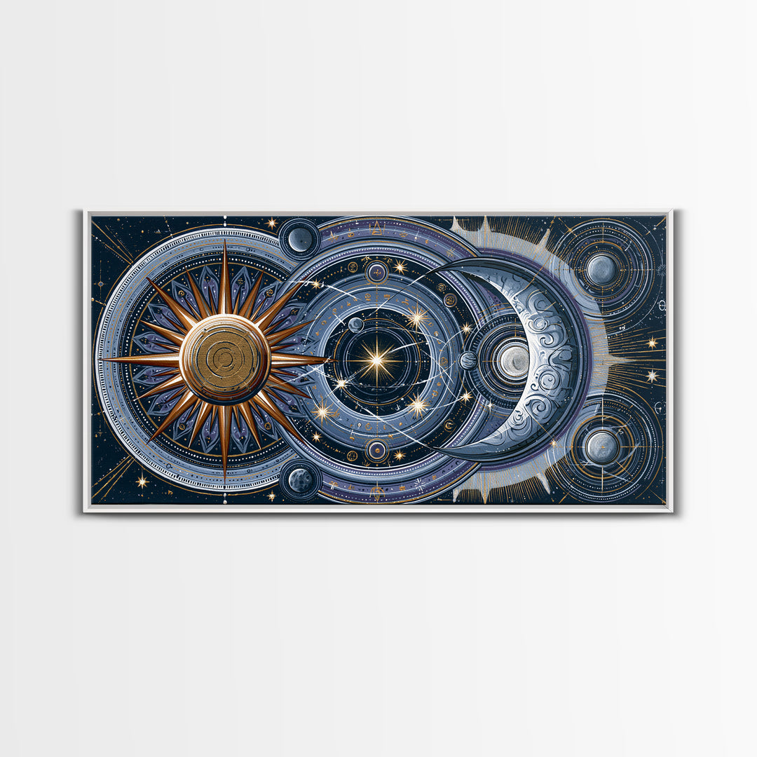 Sun and Moon Spiritual Balance Composition Framed Canvas Print, Spiritual Art, Trendy Wall Art, Living Room Decor, Spirit, SPI-2x1-100