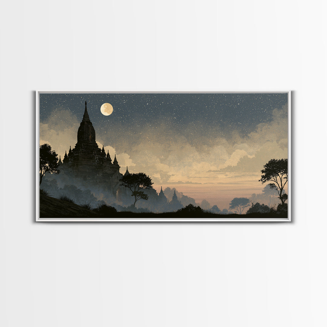 Ancient Temple Silhouette Framed Canvas Print, Spiritual Art, Living Room Decor, Watercolor Art, Spirit, Abstract Wall Art, SPI-2x1-15