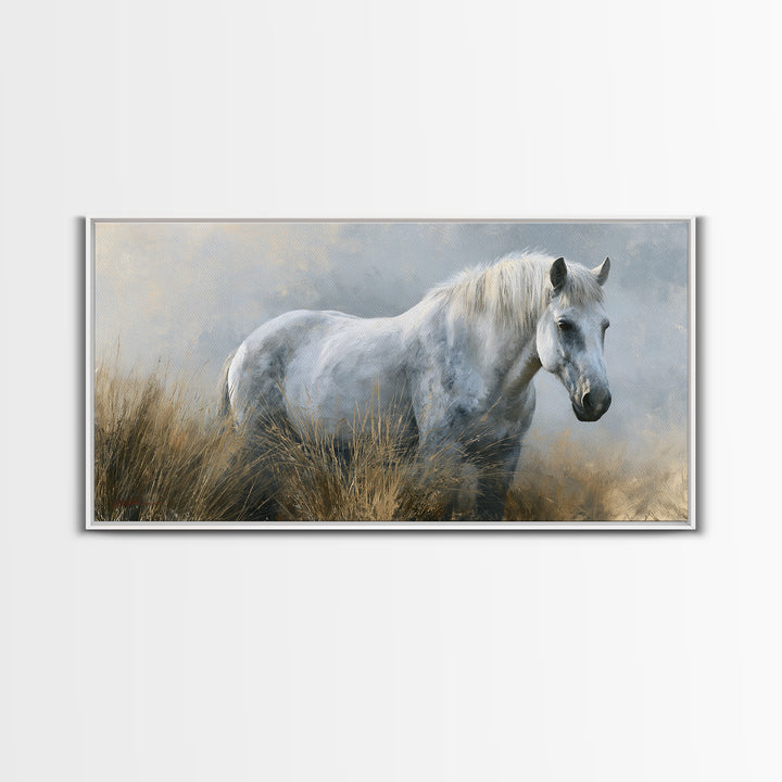 White Horse in Misty Sacred Landscape Framed Canvas Print, Spiritual Art, Art Print, Living Room Decor, Oil Painting, Spirit, SPI-2x1-30