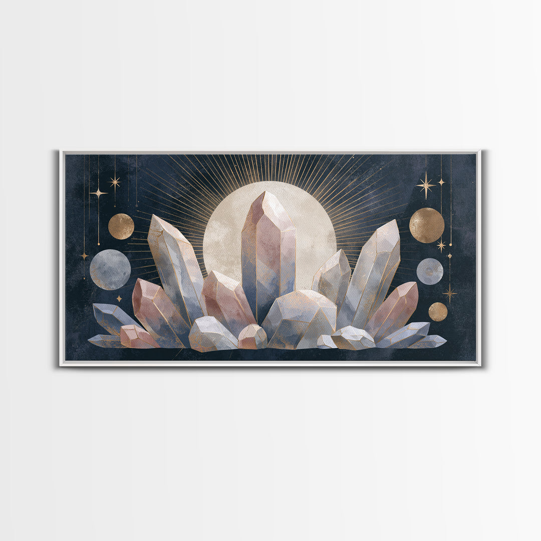 Crystal Cluster with Moonlight Reflections Framed Canvas Print, Spiritual Art, Digital Print, Living Room Decor, Spirit, SPI-2x1-33