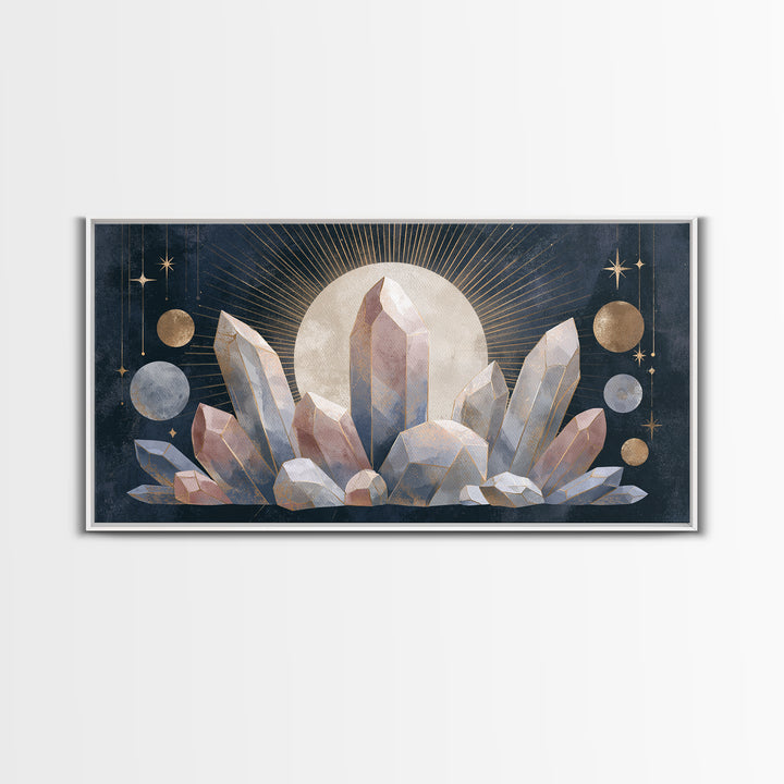 Crystal Cluster with Moonlight Reflections Framed Canvas Print, Spiritual Art, Digital Print, Living Room Decor, Spirit, SPI-2x1-33