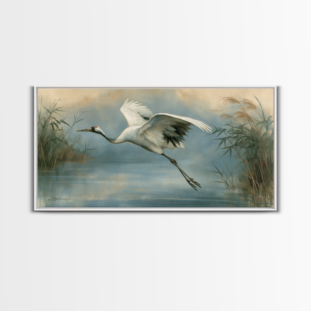 White Crane Flying Canvas Print, Spiritual Art, Minimalist Decor, Living Room Decor, Fine Art, Spirit, Wall Art Prints, SPI-2x1-44
