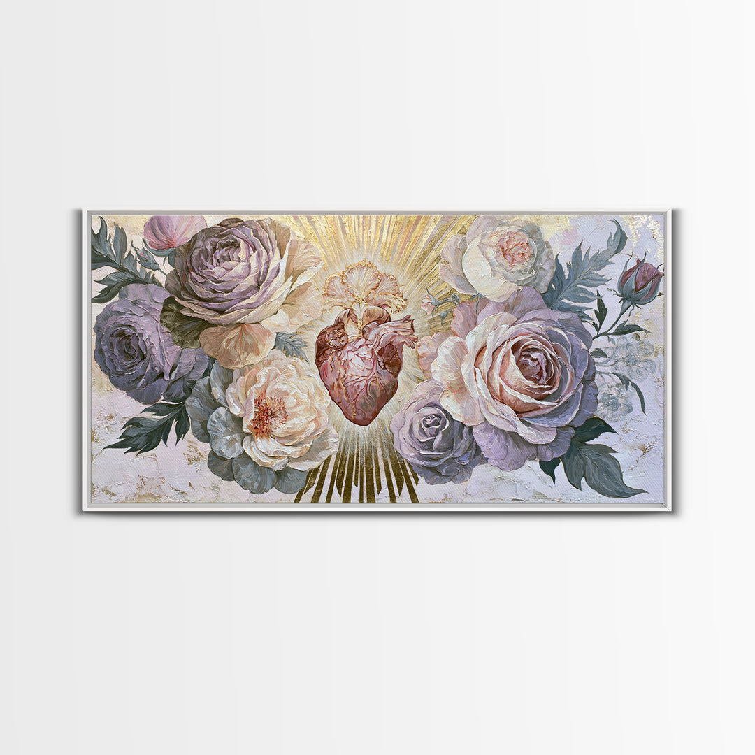 Sacred Heart with Roses and Gold Rays Canvas Print, Spiritual Art, Framed Wall Art, Living Room Decor, Fine Art, Spirit, SPI-2x1-58
