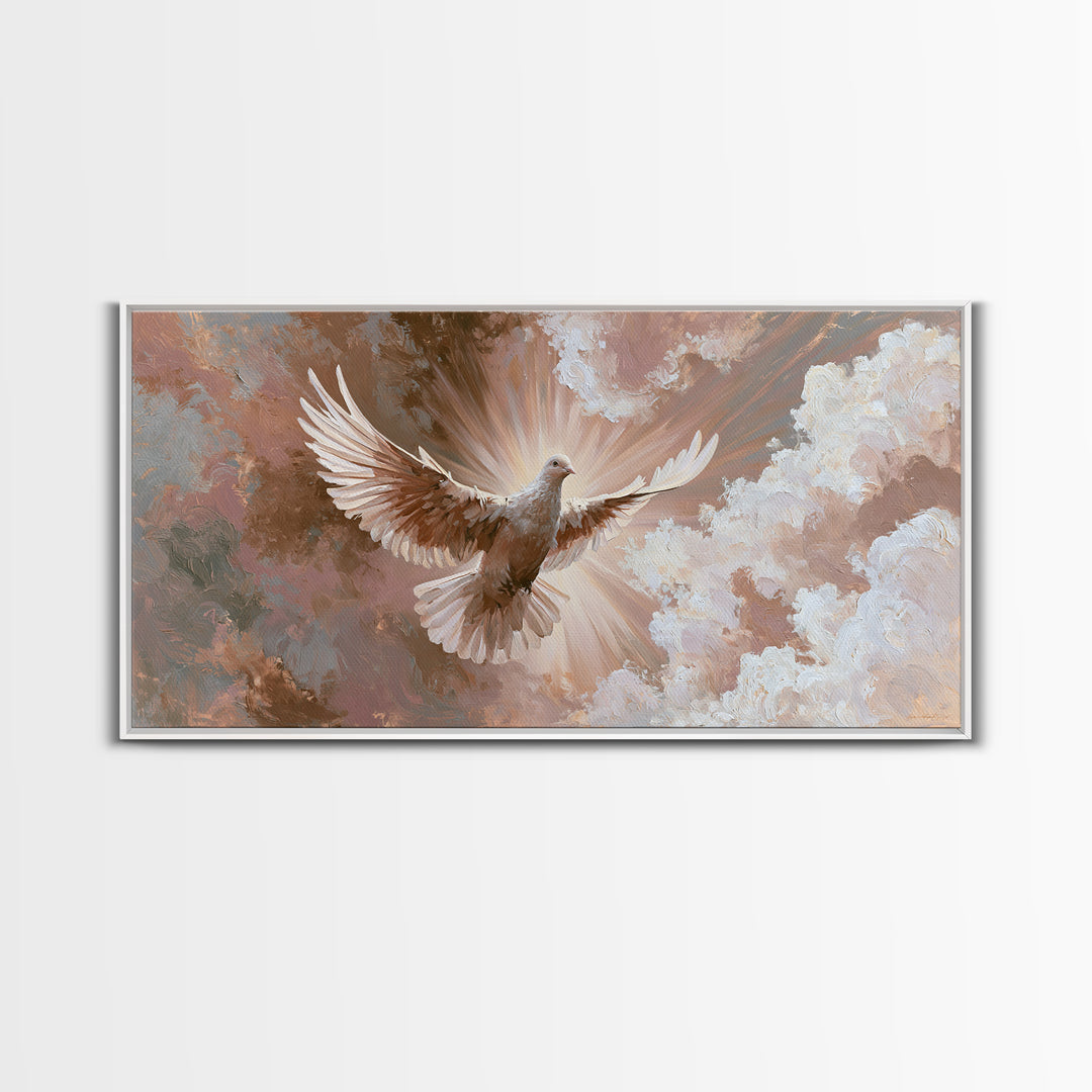Dove Flying Through Radiant Clouds Canvas Print, Spiritual Art, Digital Poster, Living Room Decor, Fine Art, Spirit, SPI-2x1-73