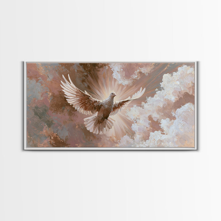 Dove Flying Through Radiant Clouds Canvas Print, Spiritual Art, Digital Poster, Living Room Decor, Fine Art, Spirit, SPI-2x1-73
