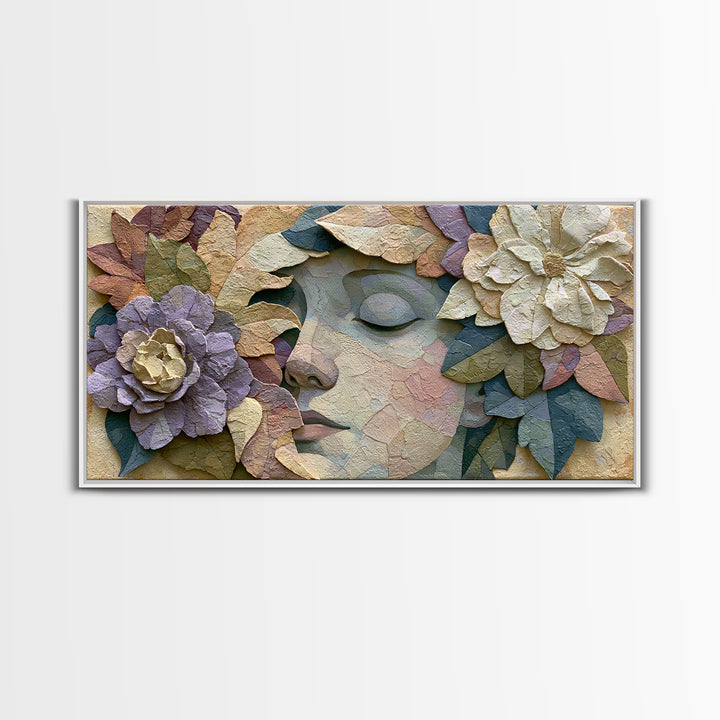 Serene Face with Closed Eyes and Flowers Framed Canvas Print, Spiritual Art, Abstract Wall Art, Living Room Decor, Oil Painting, SPI-2x1-80