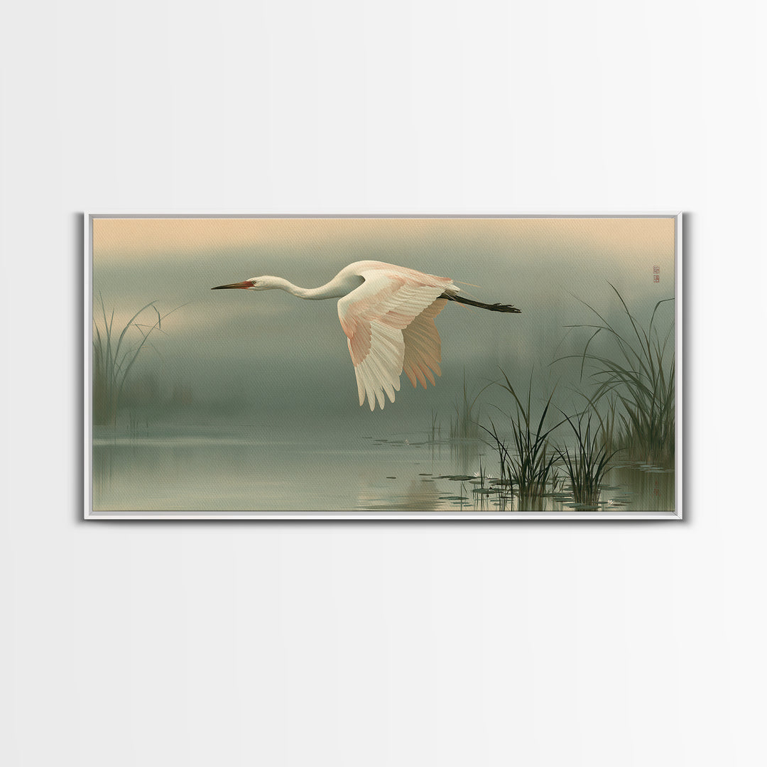 White Crane Flying Framed Canvas Print, Spiritual Art, Black Art, Living Room Decor, Fine Art, Spirit, Christian Decor, SPI-2x1-92