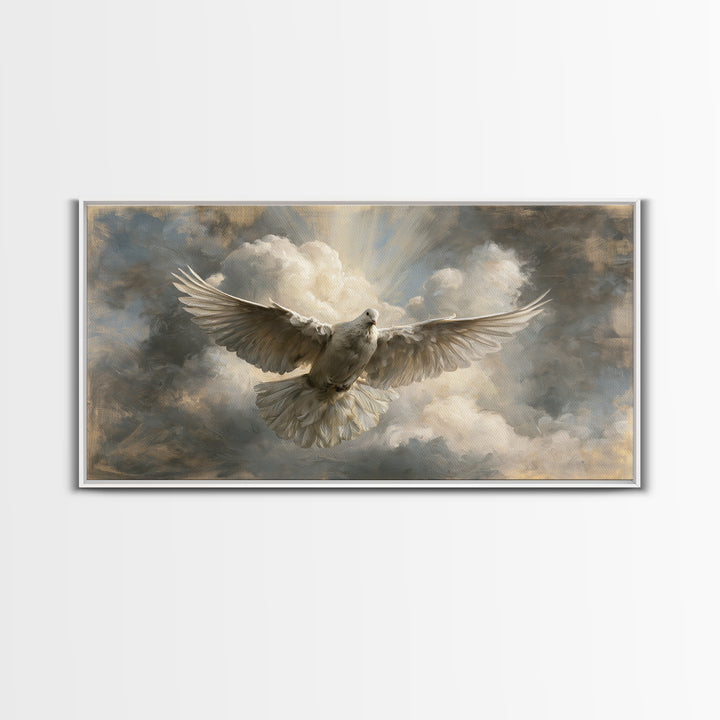 Dove Flying Through Radiant Clouds Framed Canvas Print, Spiritual Art, Modern Decor, Living Room Decor, Fine Art, Spirit, SPI-2x1-97