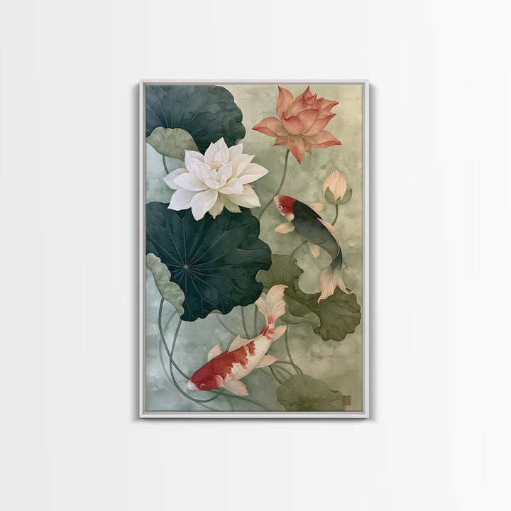 Lotus and Koi Framed Canvas Print, Spiritual Art, Digital Art, Living Room Decor, Abstract Art, Spirit, Funky Wall Art, SPI-2x3-2