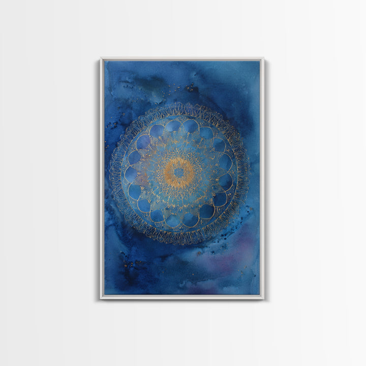Gold Mandala on Deep Blue Background Framed Canvas Print, Spiritual Art, Digital Prints, Living Room Decor, Watercolor Art, SPI-2x3-36