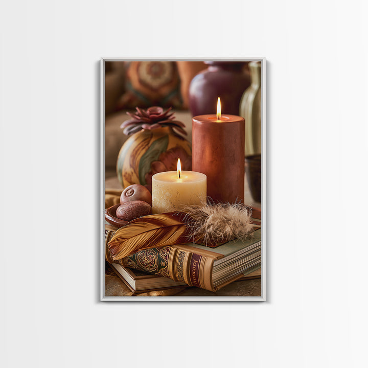 Candle and Feather Still Life Framed Canvas Print, Spiritual Art, Art, Living Room Decor, Fine Art, Spirit, Canvas Wall Art, SPI-2x3-76