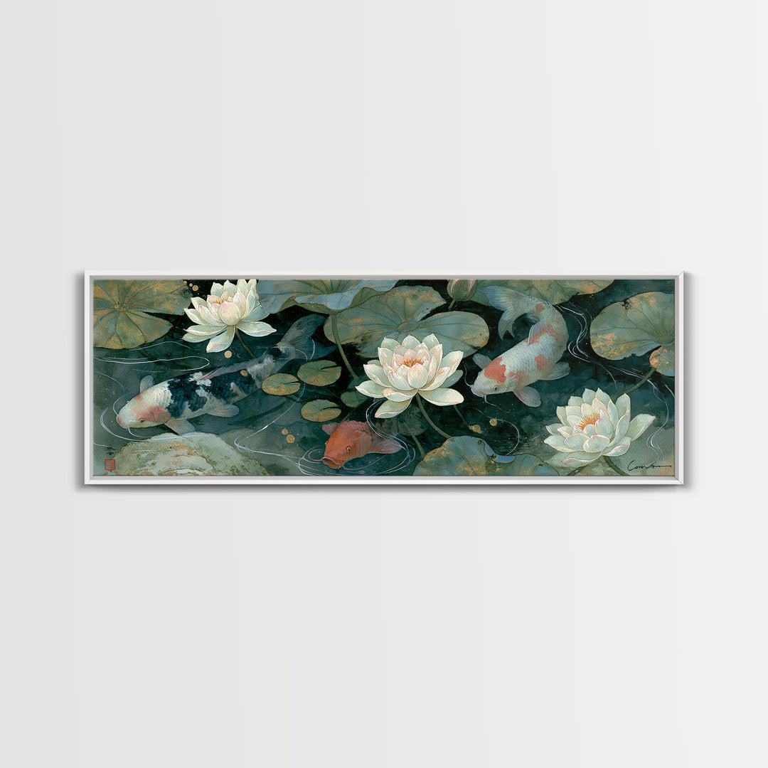 Lotus and Koi Framed Canvas Print, Spiritual Art, Canvas Wall Art, Living Room Decor, Fine Art, Spirit, Contemporary Art, SPI-3x1-10