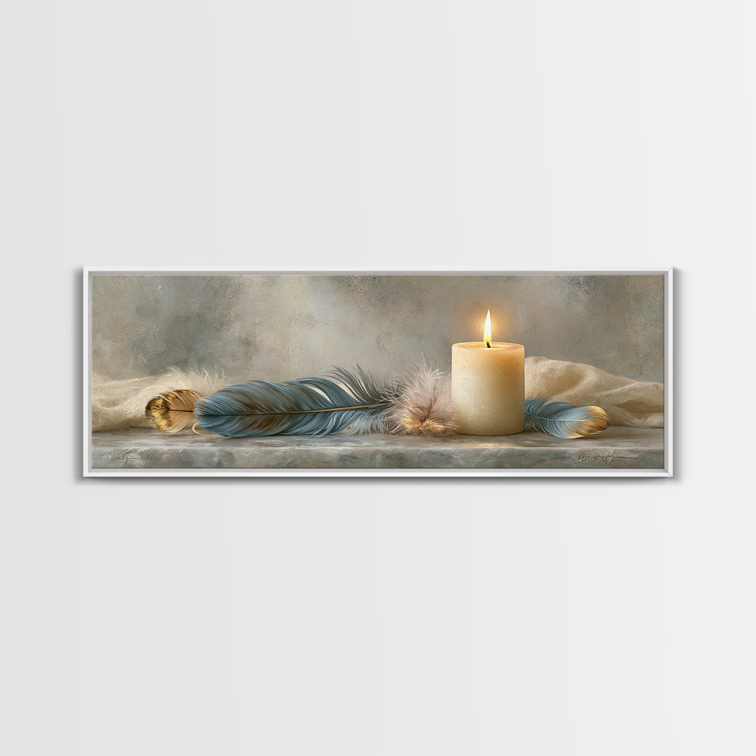 Candle and Feather Still Life Framed Canvas Print, Spiritual Art, Digital Poster, Living Room Decor, Fine Art, Spirit, SPI-3x1-12
