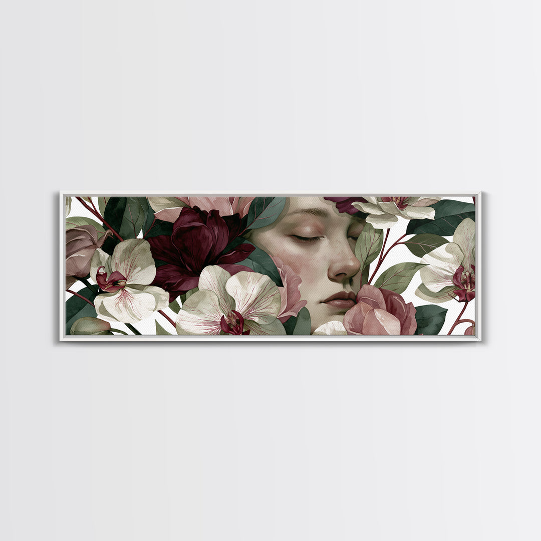 Serene Face with Closed Eyes and Flowers Canvas Print, Spiritual Art, Canvas Painting, Living Room Decor, Watercolor Art, SPI-3x1-4
