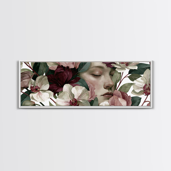Serene Face with Closed Eyes and Flowers Canvas Print, Spiritual Art, Canvas Painting, Living Room Decor, Watercolor Art, SPI-3x1-4