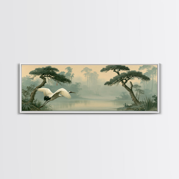 White Crane Flying Canvas Print, Spiritual Art, Fine Art Print, Living Room Decor, Oil Painting, Spirit, Digital Prints, SPI-3x1-40