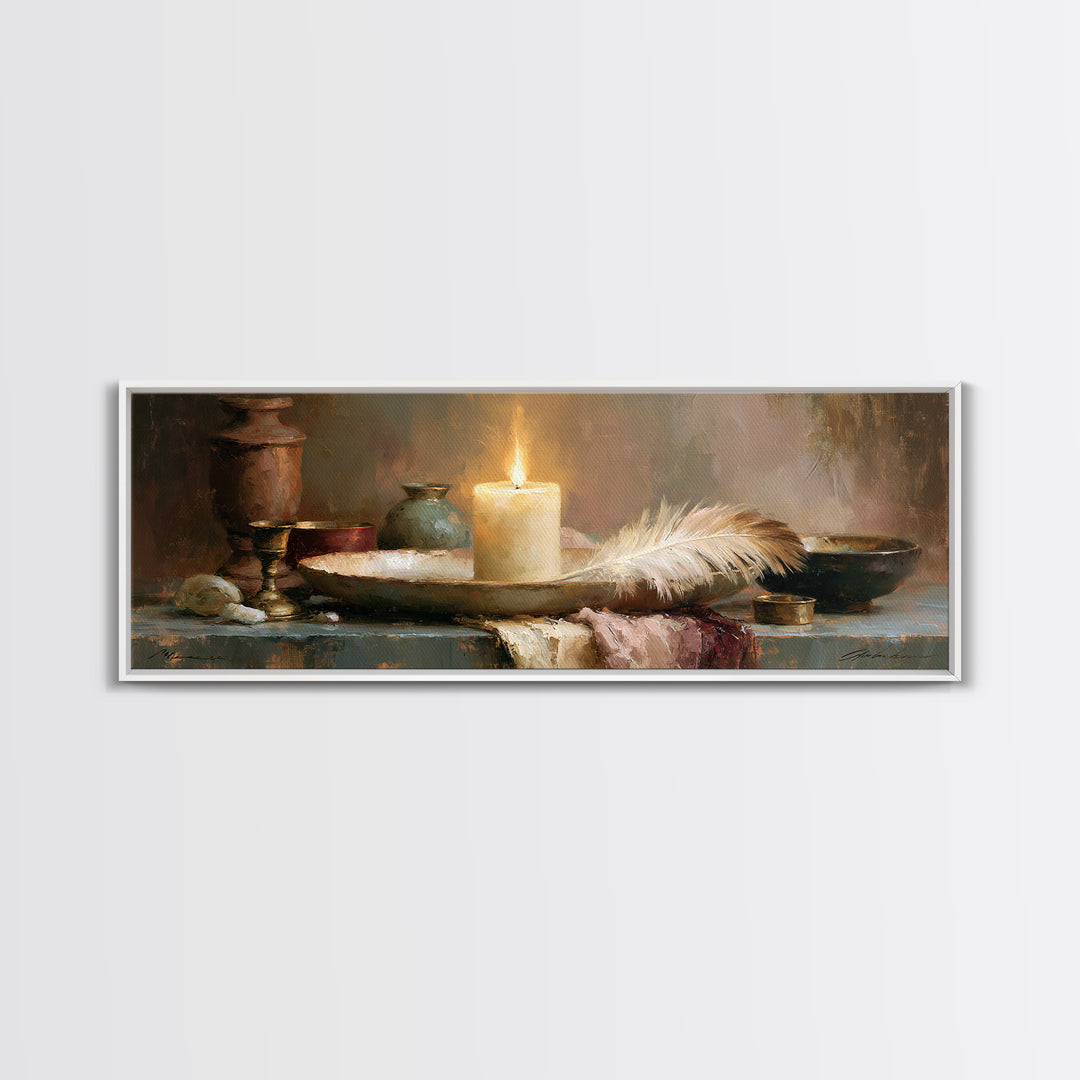 Candle and Feather Still Life Framed Canvas Print, Spiritual Art, Textured Painting, Living Room Decor, Fine Art, Spirit, SPI-3x1-60