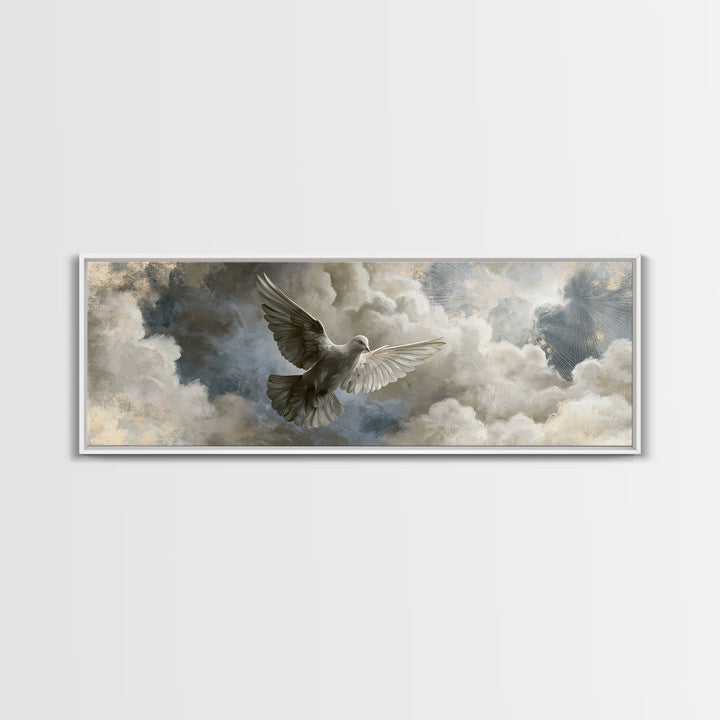 Dove Flying Through Radiant Clouds Framed Canvas Print, Spiritual Art, Art, Living Room Decor, Spirit, Canvas Wall Art, SPI-3x1-69