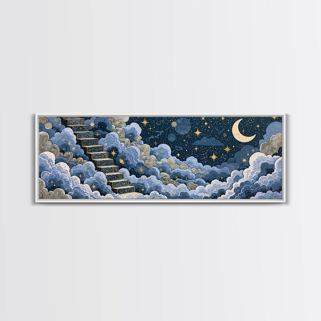 Celestial Staircase Through Clouds Framed Canvas Print, Spiritual Art, Wall Art, Living Room Decor, Fine Art, Spirit, SPI-3x1-81