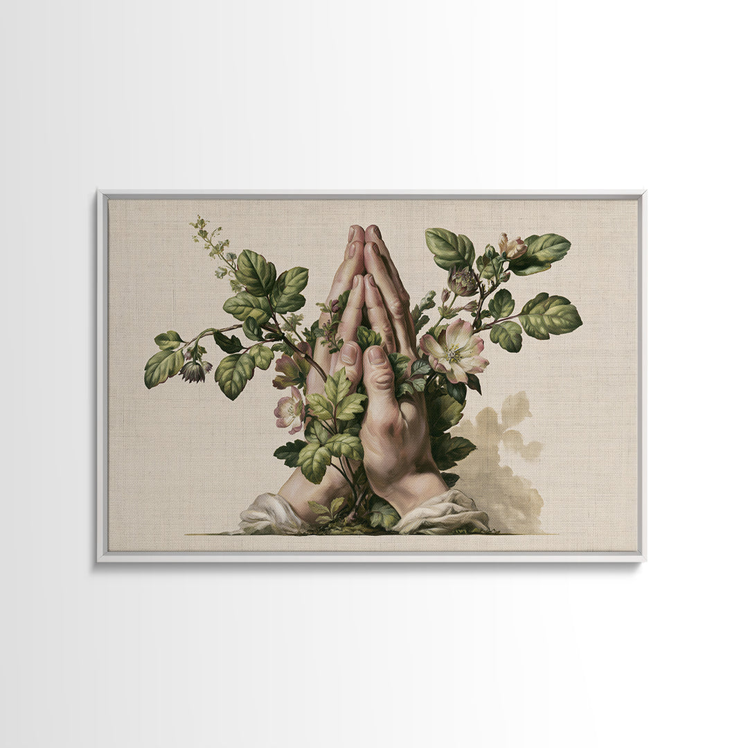 Prayer Hands with Botanical Details Framed Canvas Print, Spiritual Art, Living Room Decor, Watercolor Art, Spirit, SPI-3x2-13