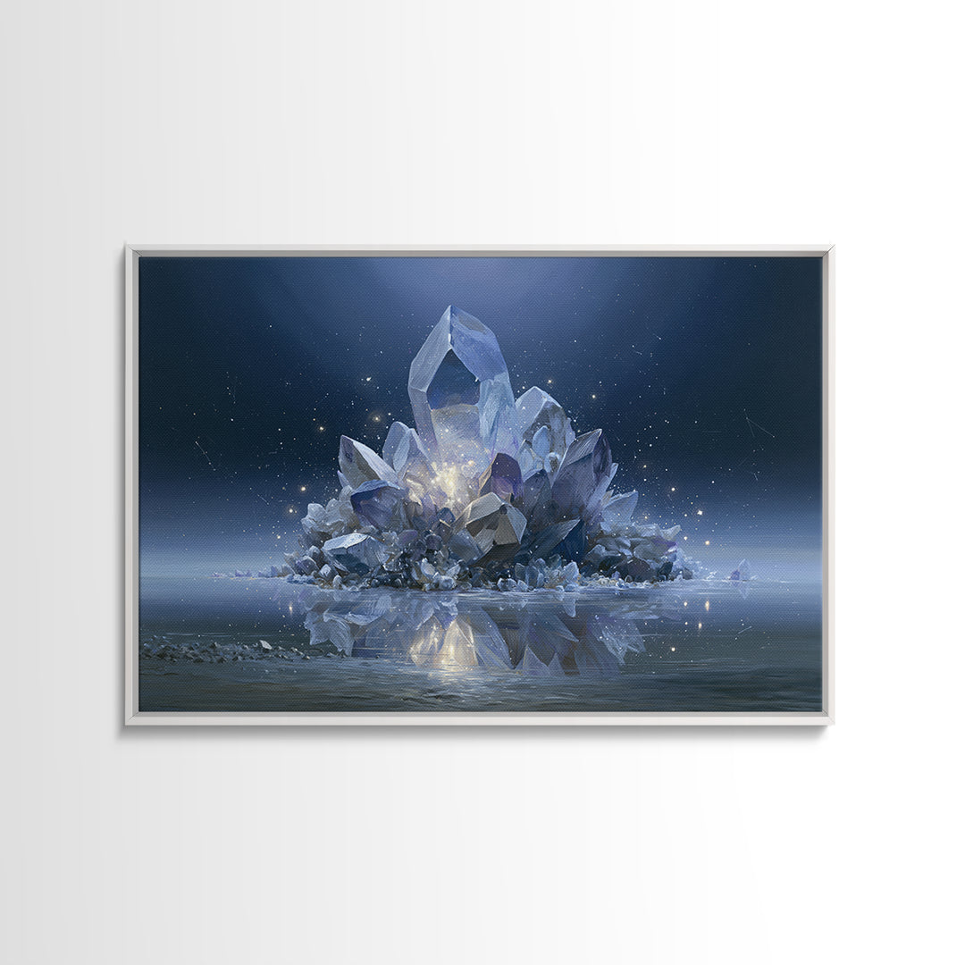 Crystal Cluster with Moonlight Reflections Framed Canvas Print, Spiritual Art, Living Room Decor, Watercolor Art, Spirit, SPI-3x2-41