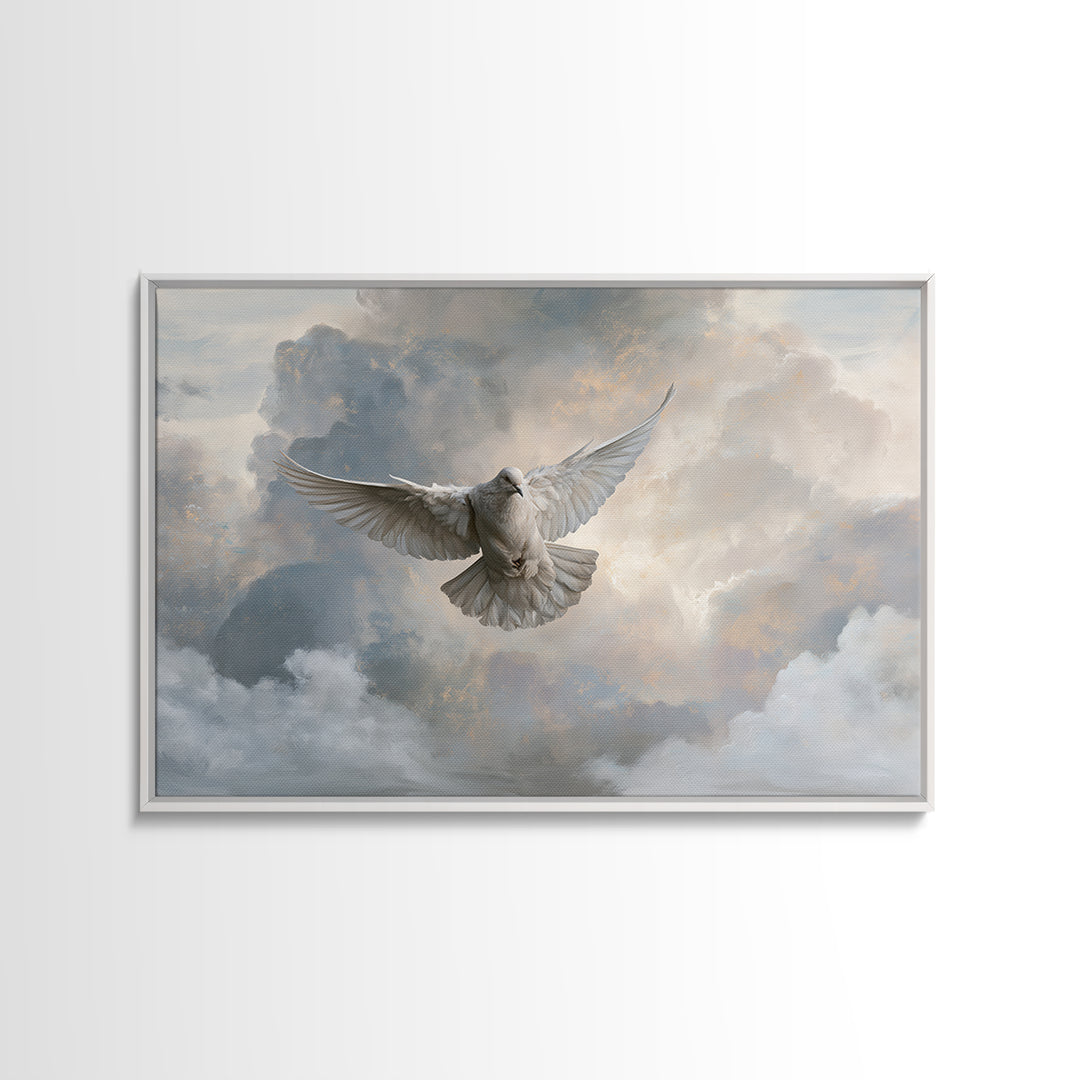 Dove Flying Through Radiant Clouds Canvas Print, Spiritual Art, Poster, Living Room Decor, Fine Art, Spirit, Framed Wall Art, SPI-3x2-57