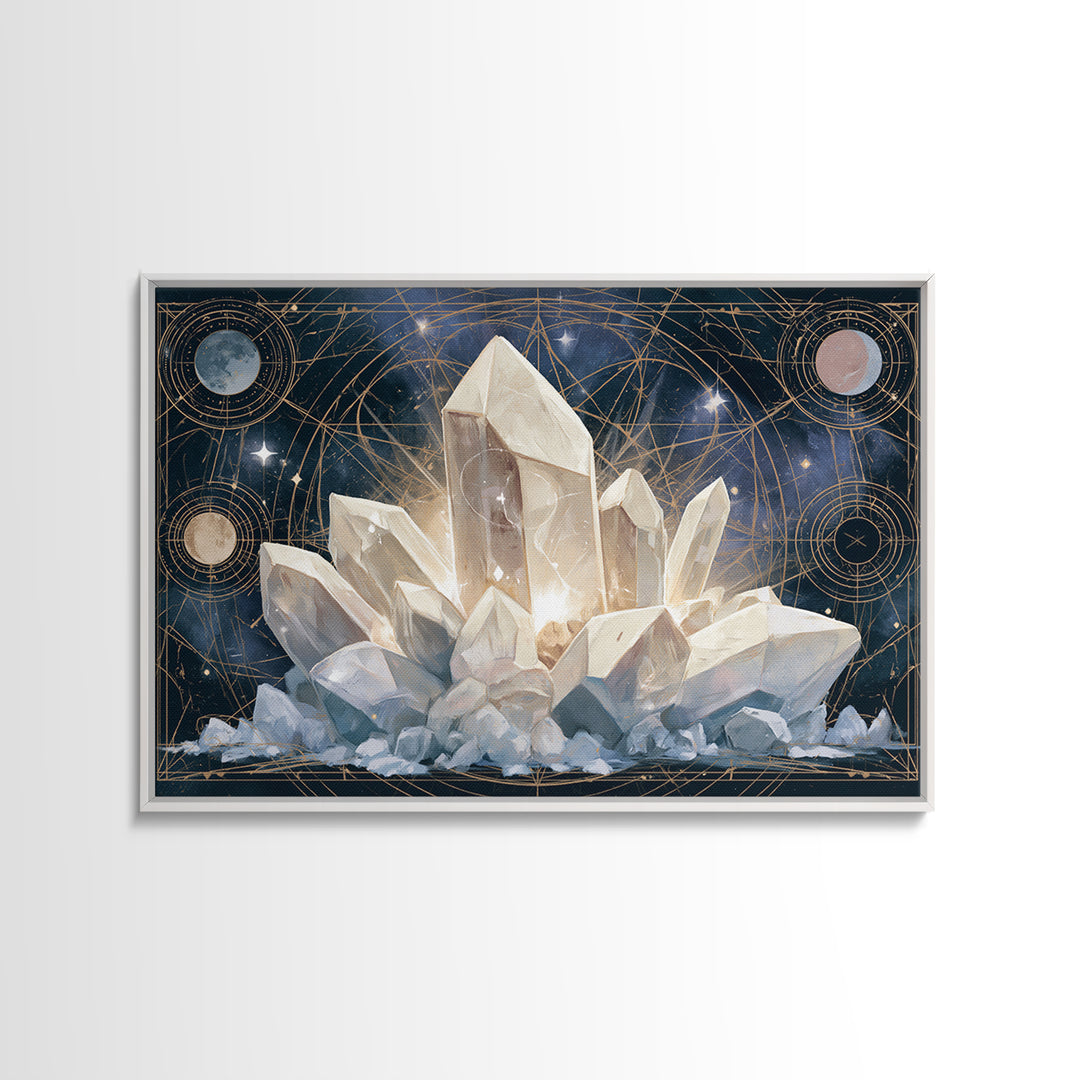 Crystal Cluster with Moonlight Reflections Framed Canvas Print, Spiritual Art, Living Room Decor, Watercolor Art, Spirit, SPI-3x2-65
