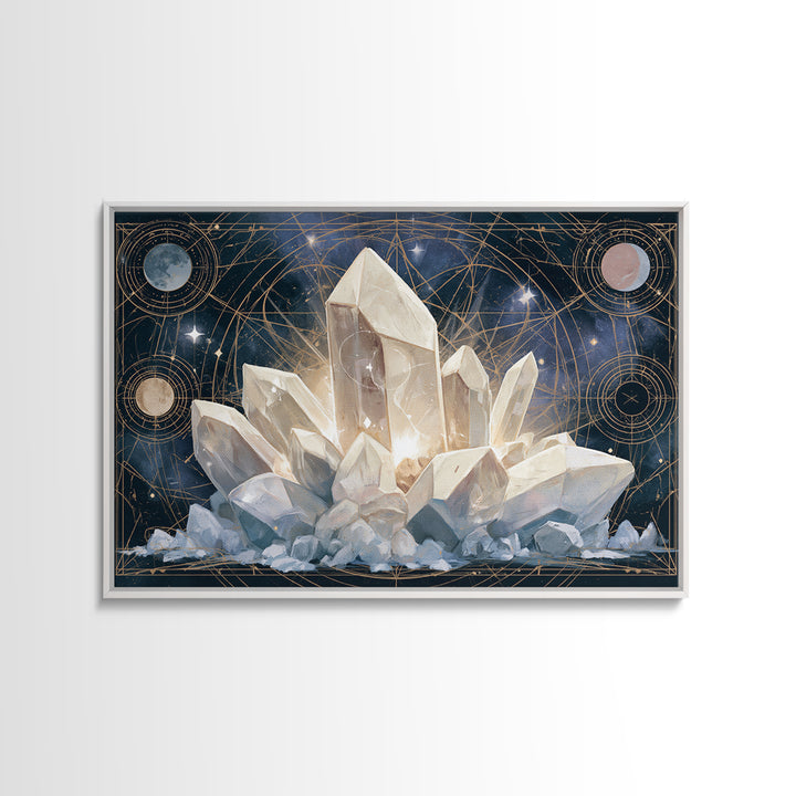 Crystal Cluster with Moonlight Reflections Framed Canvas Print, Spiritual Art, Living Room Decor, Watercolor Art, Spirit, SPI-3x2-65