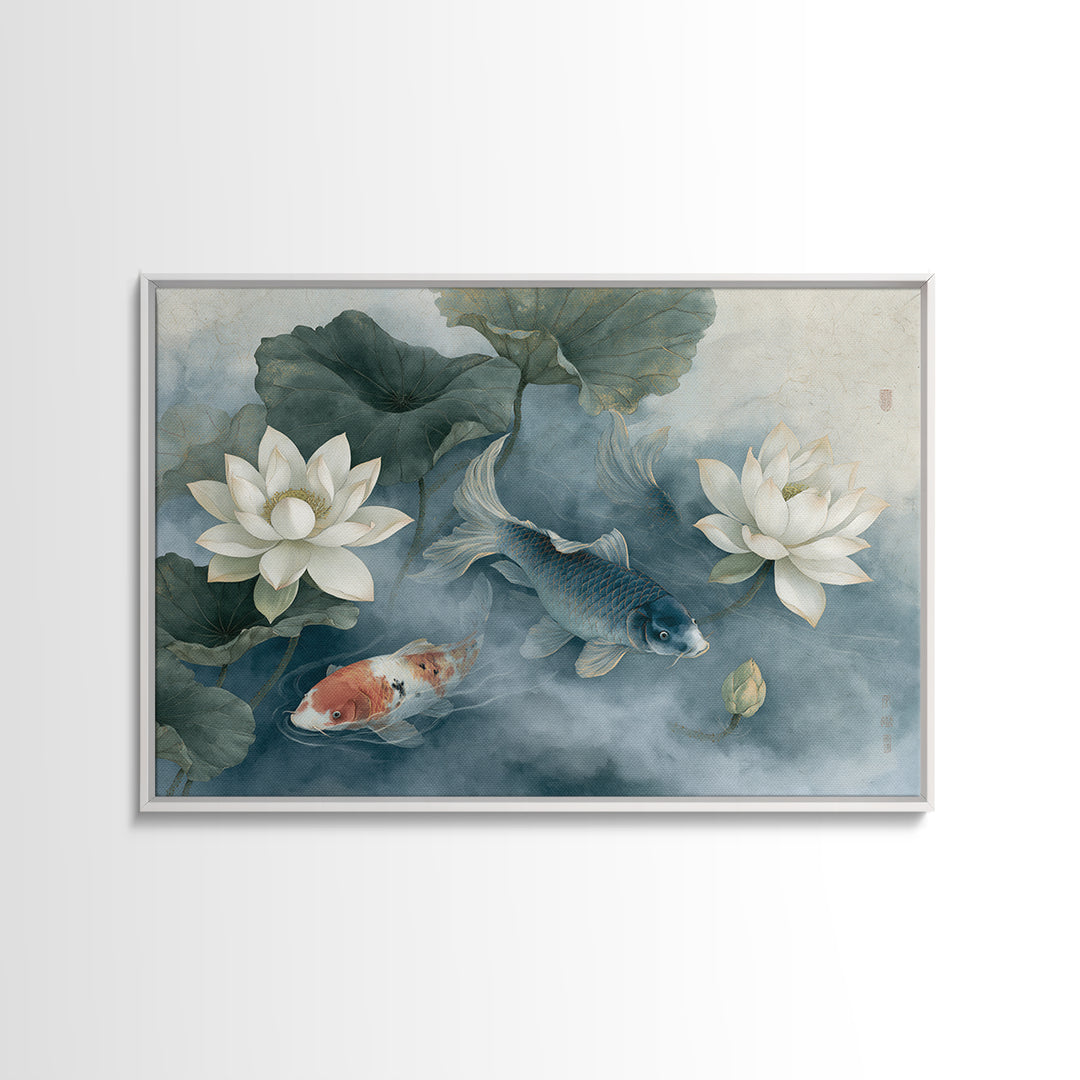 Lotus and Koi Framed Canvas Print, Spiritual Art, Neutral Decor, Living Room Decor, Fine Art, Spirit, Digital Prints, SPI-3x2-70