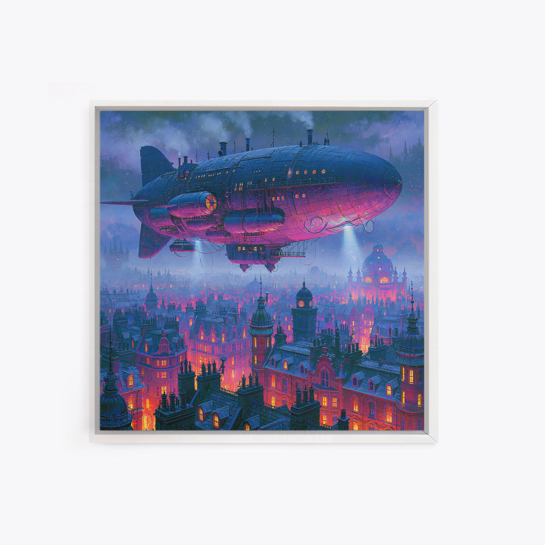 Airship Floating Above Victorian City Roofs Framed Canvas Print, Steampunk Art, Modern Art, Living Room Decor, Mechanic, STE-1x1-2