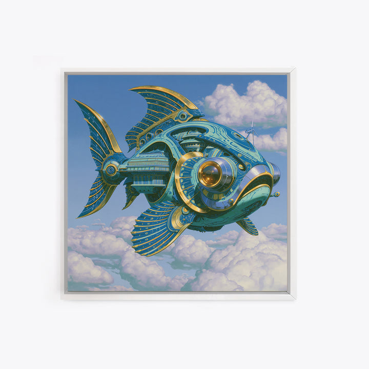Mechanical Fish Swimming Through Clouds Canvas Print, Steampunk Art, Cat Art, Living Room Decor, Oil Painting, Mechanic, STE-1x1-22