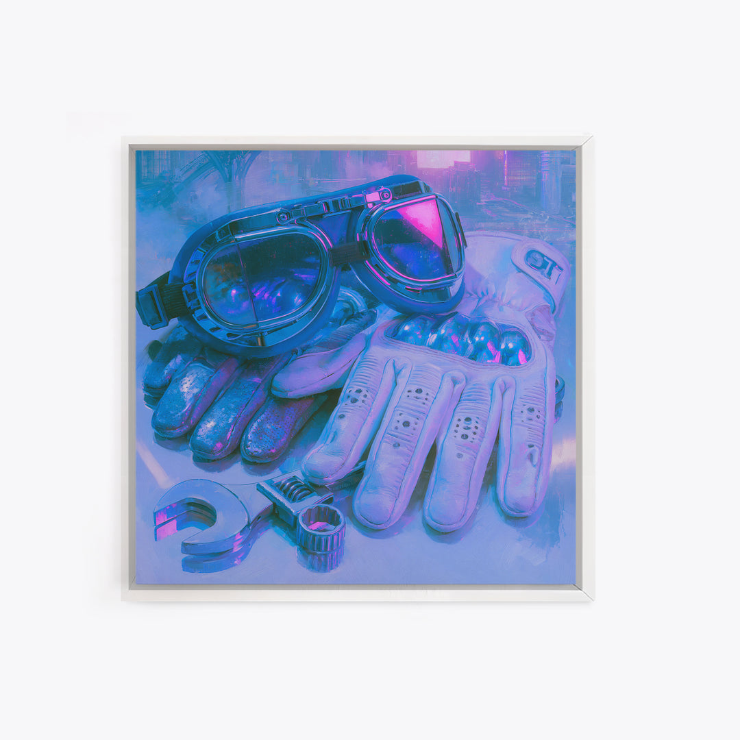 Goggles Gloves and Wrench Still Life Canvas Print, Steampunk Art, Abstract Art, Living Room Decor, Fine Art, Mechanic, STE-1x1-23