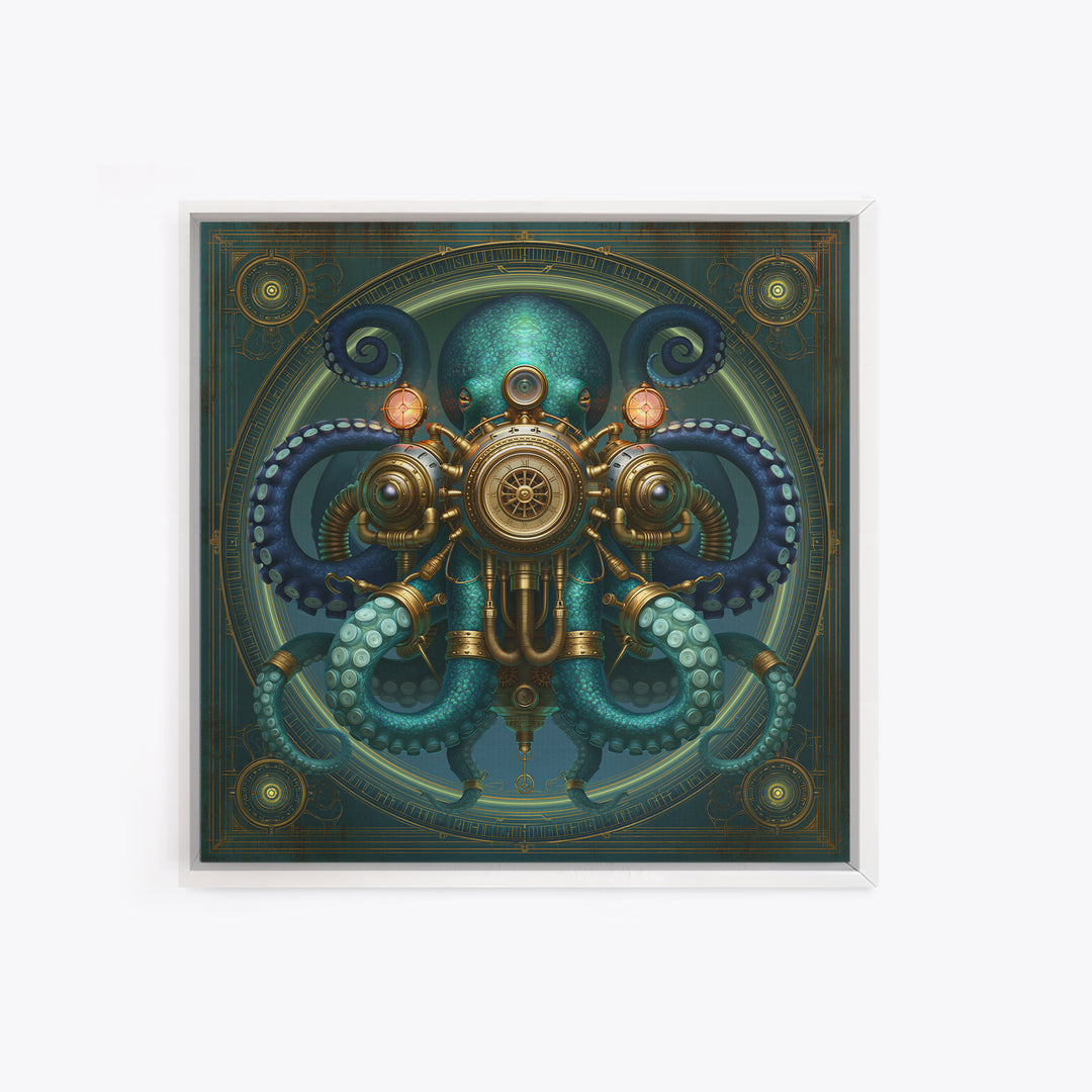Steampunk Octopus with Brass Tentacles Framed Canvas Print, Steampunk Art, Textured Painting, Living Room Decor, Mechanic, STE-1x1-29