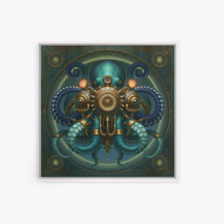Steampunk Octopus with Brass Tentacles Framed Canvas Print, Steampunk Art, Textured Painting, Living Room Decor, Mechanic, STE-1x1-29
