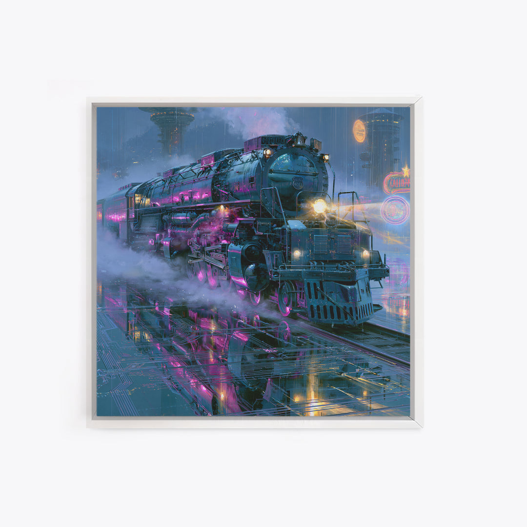 Steam Locomotive Racing Through Fog Canvas Print, Steampunk Art, Dark Art, Living Room Decor, Oil Painting, Mechanic, STE-1x1-30