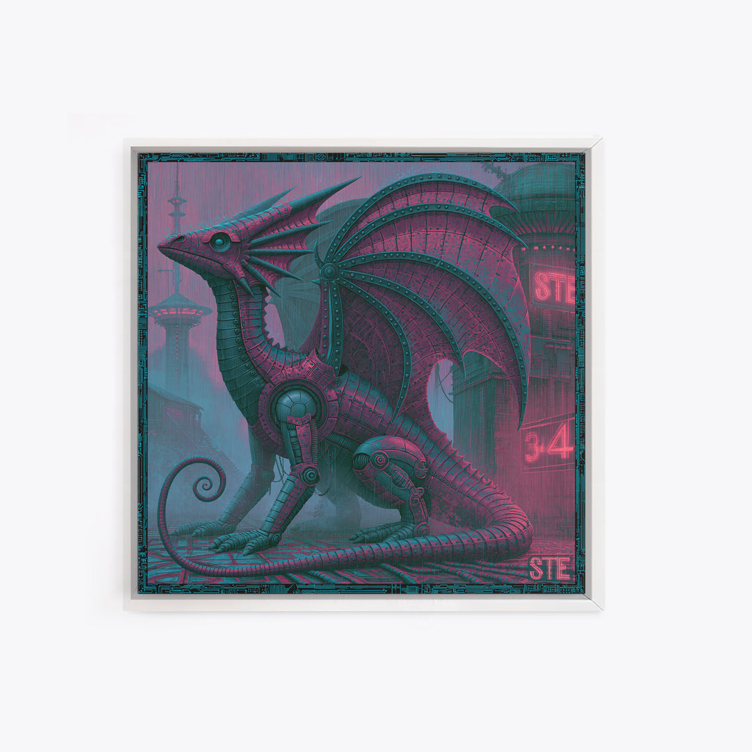 Copper Dragon with Riveted Wings Framed Canvas Print, Steampunk Art, Abstract Art Print, Living Room Decor, Watercolor Art, STE-1x1-34