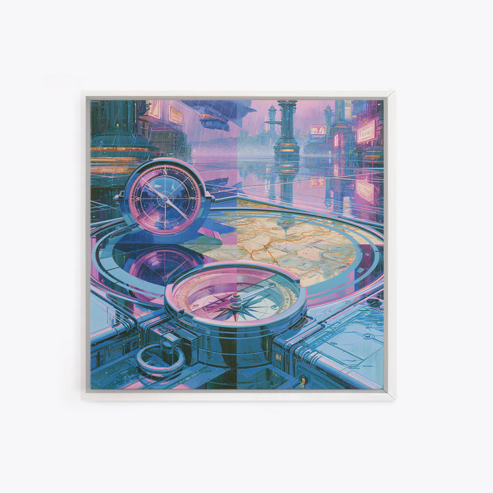 Airship Captain Map and Compass Still Life Framed Canvas Print, Steampunk Art, Steampunk Lamp, Living Room Decor, Abstract Art, STE-1x1-42