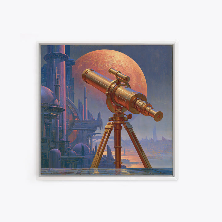 Brass Telescope Aimed at Copper Moon Framed Canvas Print, Steampunk Art, Wall Decor, Living Room Decor, Fine Art, Mechanic, STE-1x1-48